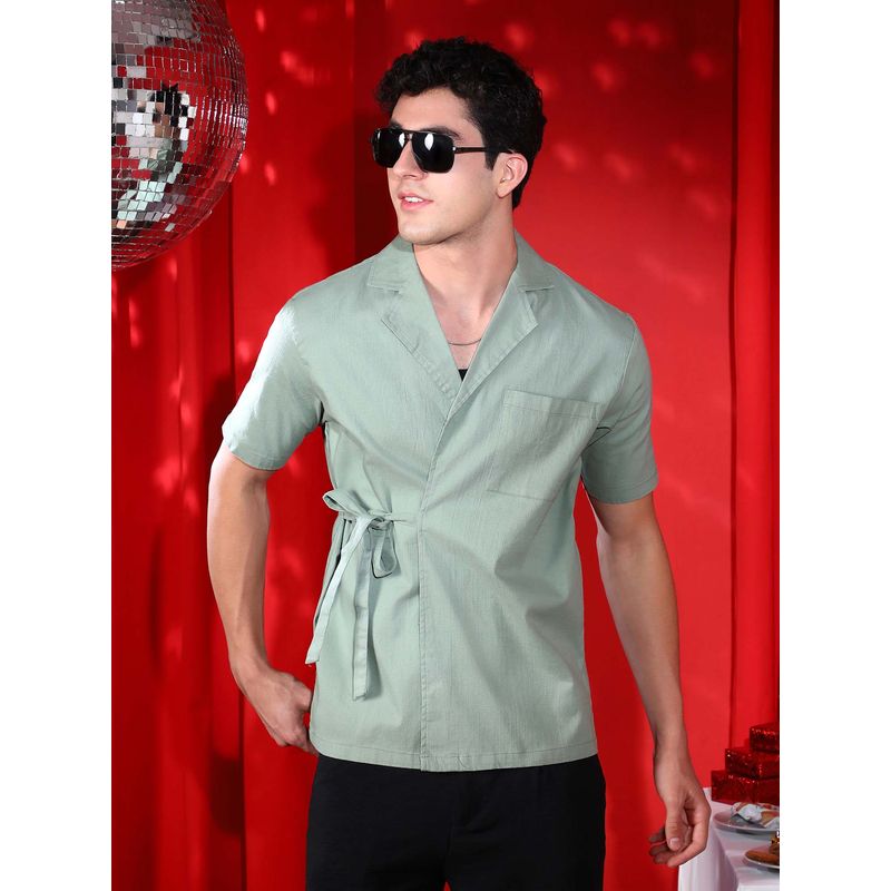 Campus Sutra Men Sage Green Korean Wrap Shirt (M)