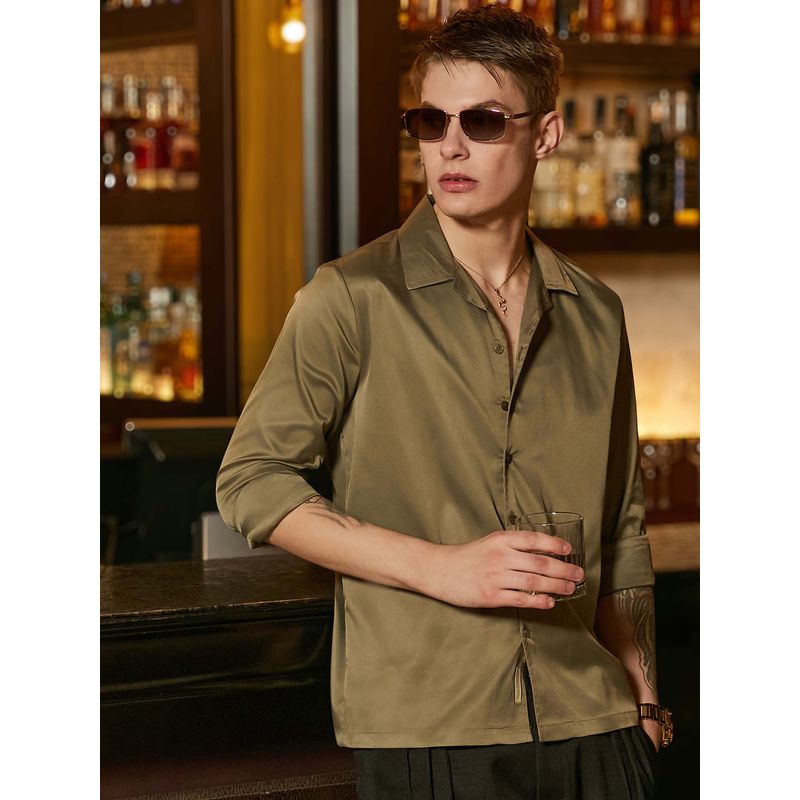 Campus Sutra Men Olive Solid Cuban Shirt (S)