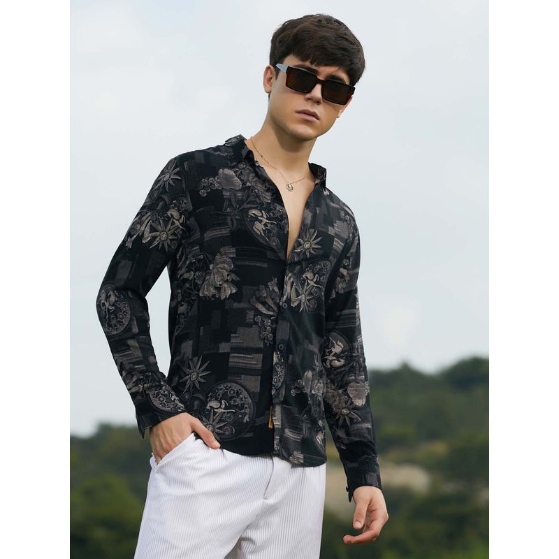 Campus Sutra Men Midnight Black Bloom-Imprint Shirt (XL)