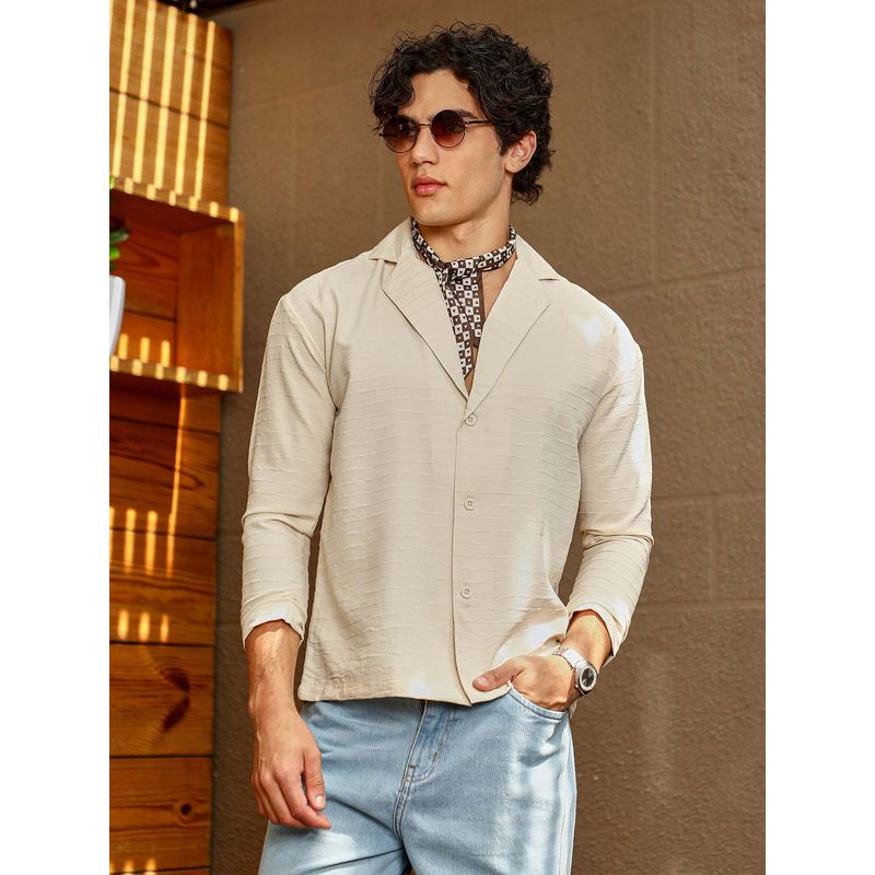 Campus Sutra Men Cream Striped Cuban Shirt (M)