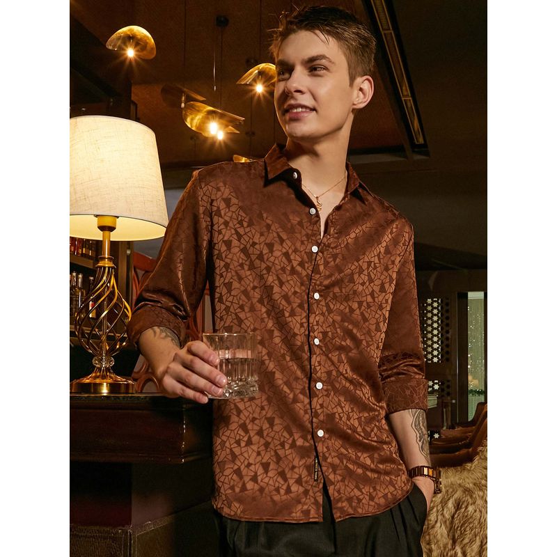 Campus Sutra Men Chocolate Brown Mozaic-Tactile Shirt (L)