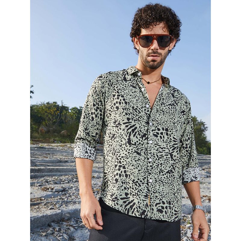 Campus Sutra Men Onyx Black Leopard Imprint Shirt (S)