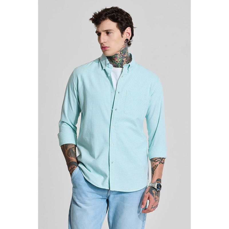Snitch Mint Green Micro Check Slim Casual Shirt (XL)