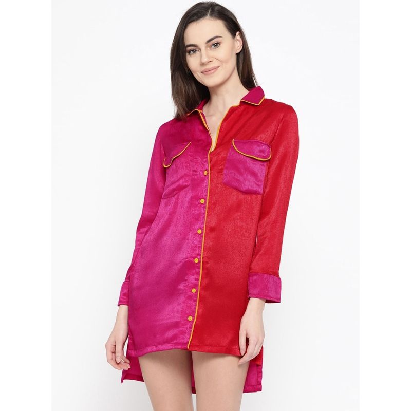 Erotissch Women Magenta & Red Satin Finish Colourblocked Sleep Shirt (S)