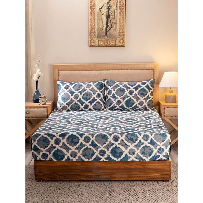 Maspar Hues Nouveau Tradition Form Replay 300Tc Cotton Blue Bedsheet, 2 Pillow Covers (Queen)