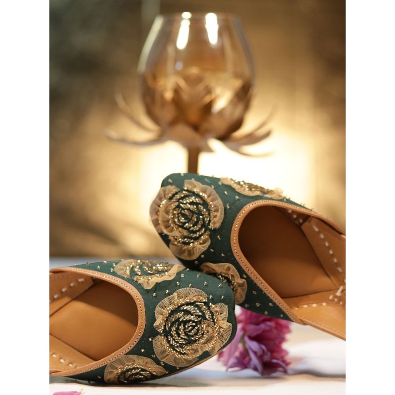 GLAM STORY Zoya Teal Embellished Net Gold Designer Punjabi Juttis for Women (EURO 39)
