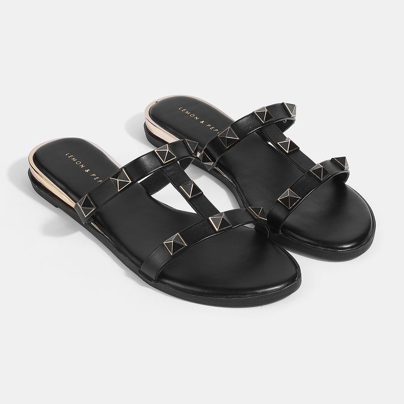 Lemon & Pepper Black Slide Open Toe Flats (EURO 37)
