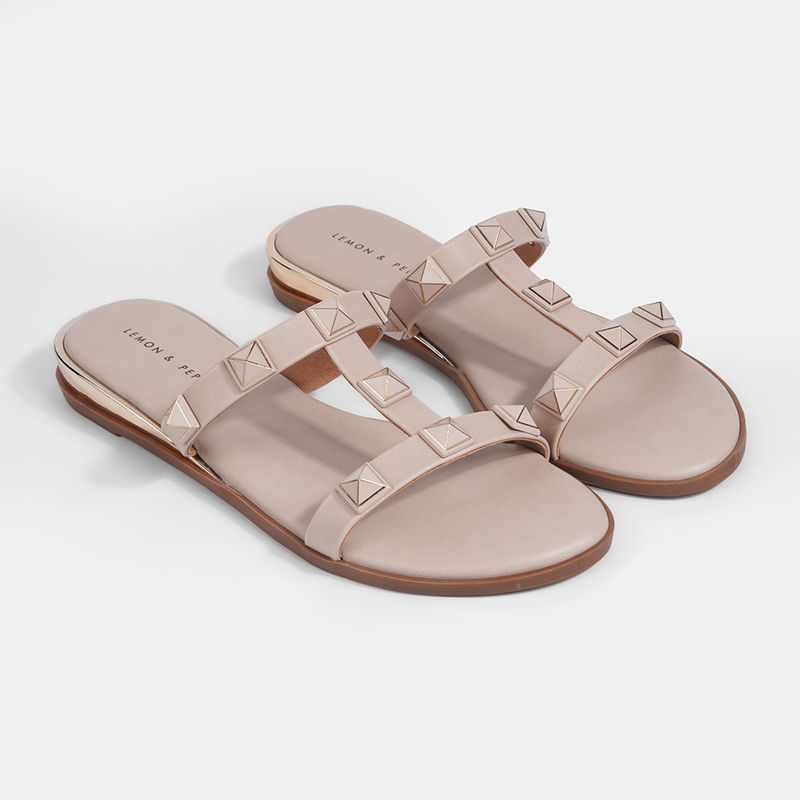 Lemon & Pepper Beige Slide Open Toe Flats (EURO 39)