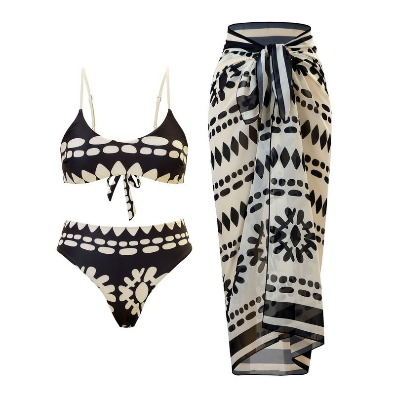 Addery Black and White Tribal Print Bikini with Panty & Matching Sheer Sarong (XL)