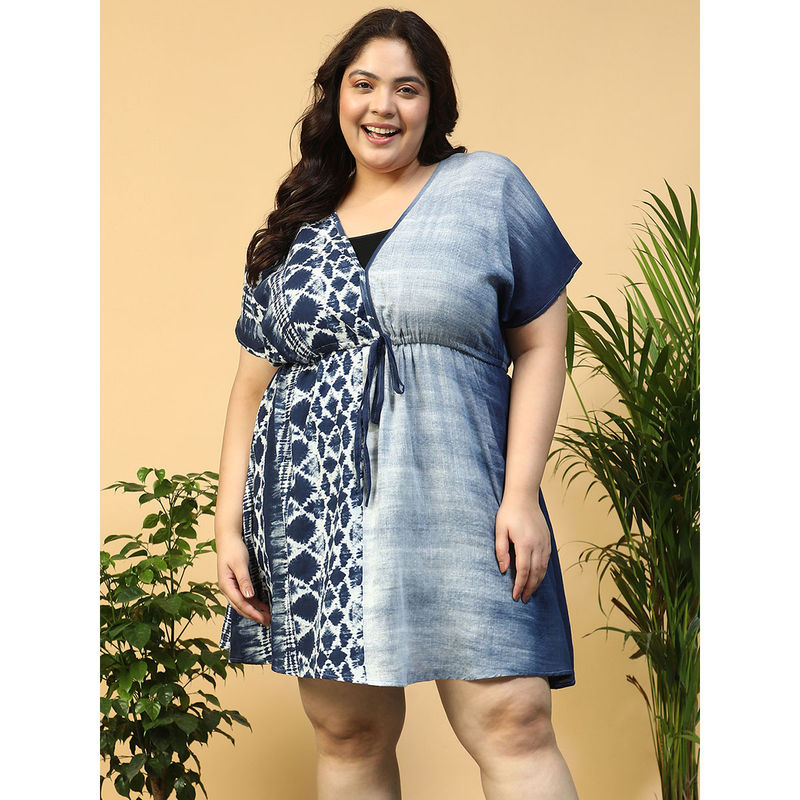 Oxolloxo Plus Size Navy Blue Tie-Dye Print Elasticated Waist Beachwear Kaftan with Knee Length (2XL)