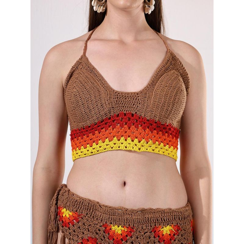 Velvery Brown Bohemian Crochet Halter Neck Bralette (S)
