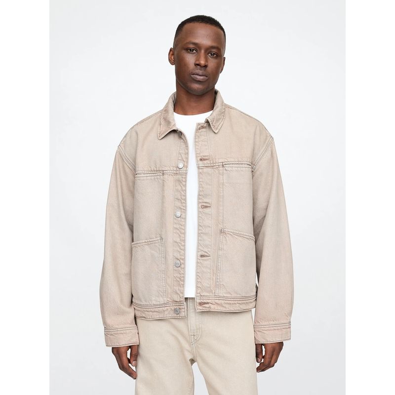 GAP Men's Beige Solid Denim Spread Collar Jacket (XS)