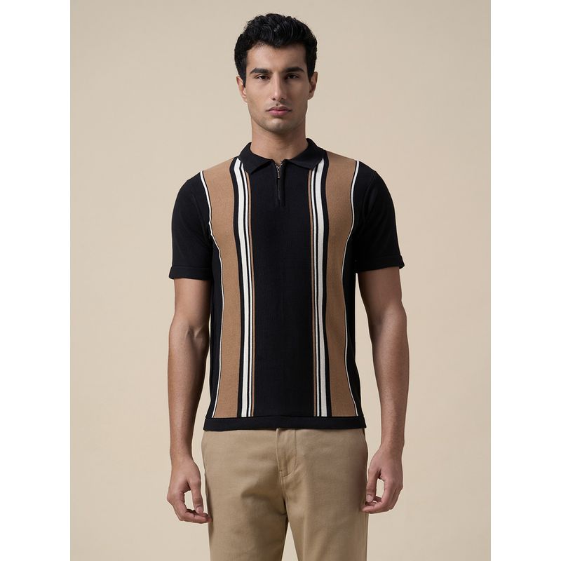 SELECTED HOMME Black Cotton Colour blocked Zip Knit Polo T-Shirt (S)