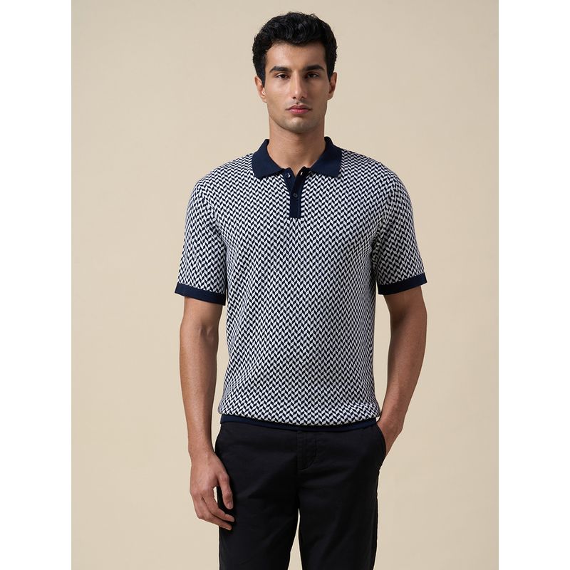 SELECTED HOMME Blue Cotton Printed Knit Polo T-Shirt (S)