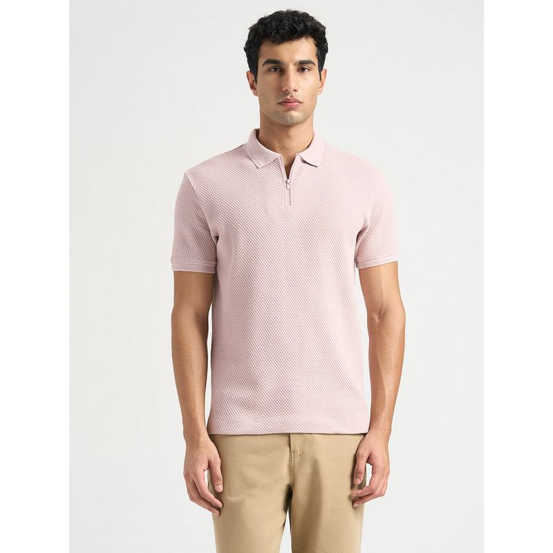 SELECTED HOMME Pink Cotton Zip Knit Polo T-Shirt (S)