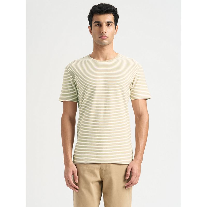 SELECTED HOMME Beige Round Neck Striped Cotton T-Shirt (S)
