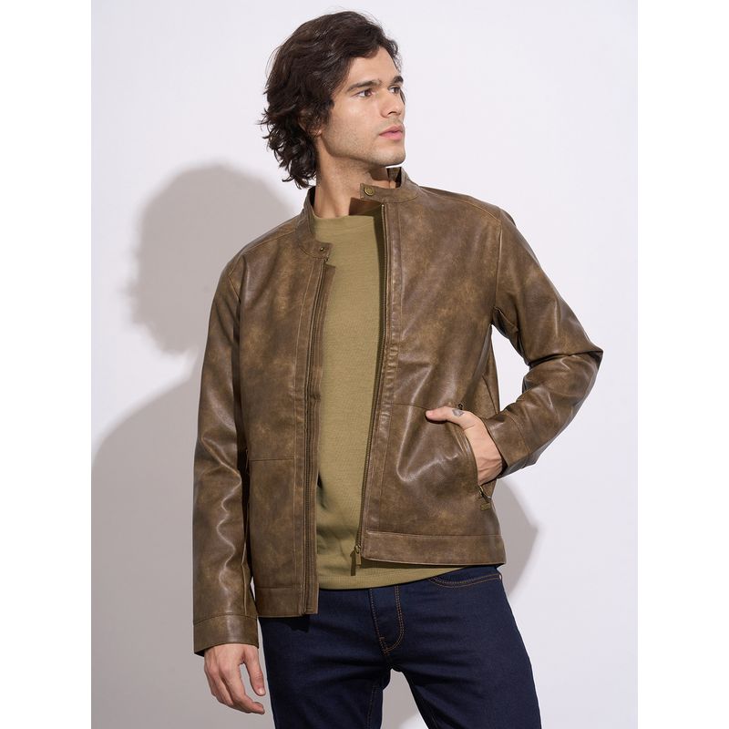 Being Human Men's Brown Band Collar Leather Jacket (XL)