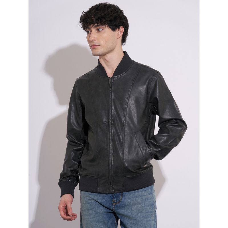 Being Human Men's Black Baseball Collar Leather Jacket (M)