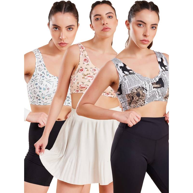 G Heist Floral Printed Lightly Padded Sports Bras for Women (Pack of 3) (XS)