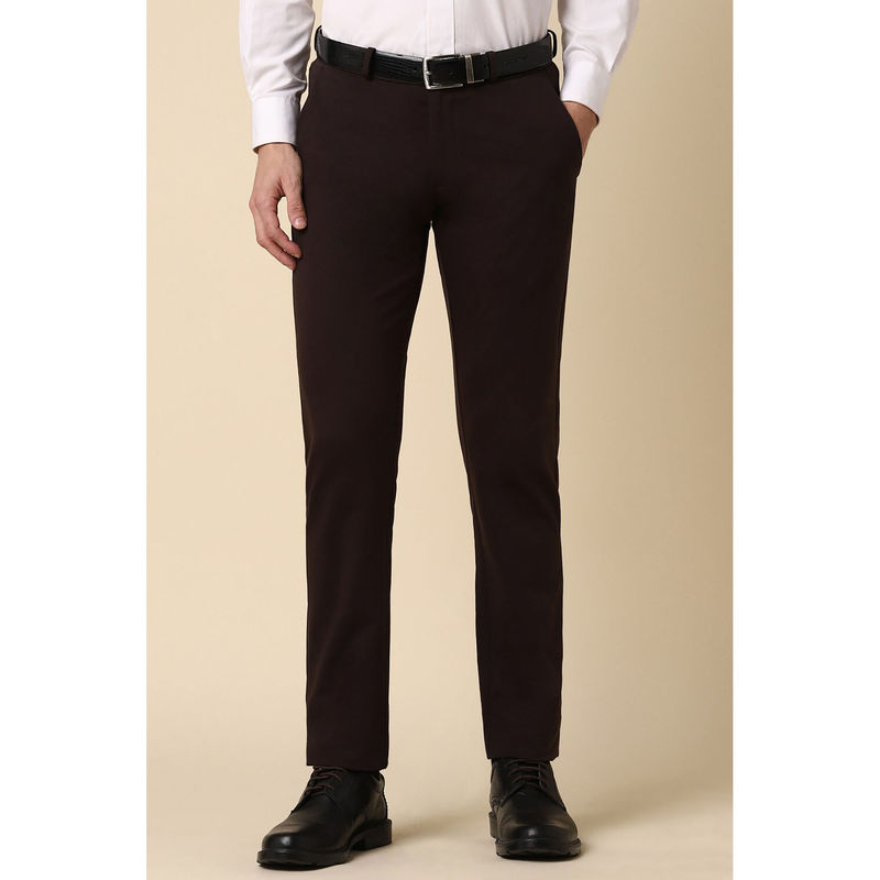 Buy Allen Solly Men Brown Slim Fit Solid Formal Trousers Online image.