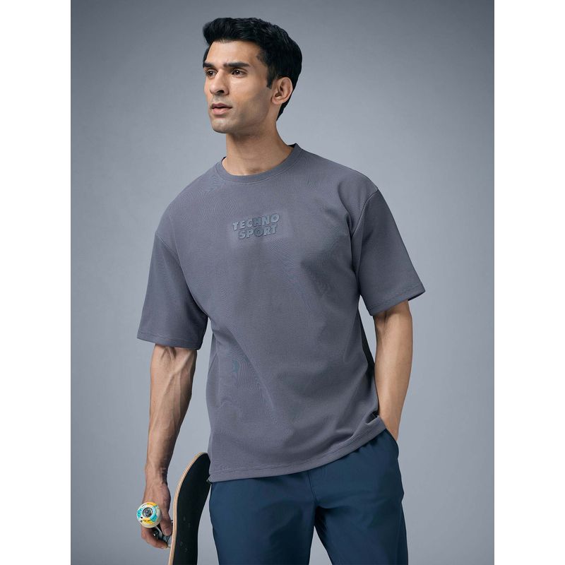 Technosport Men Textured Oversized Round Neck T-Shirt With Cotflex - Blue (M)
