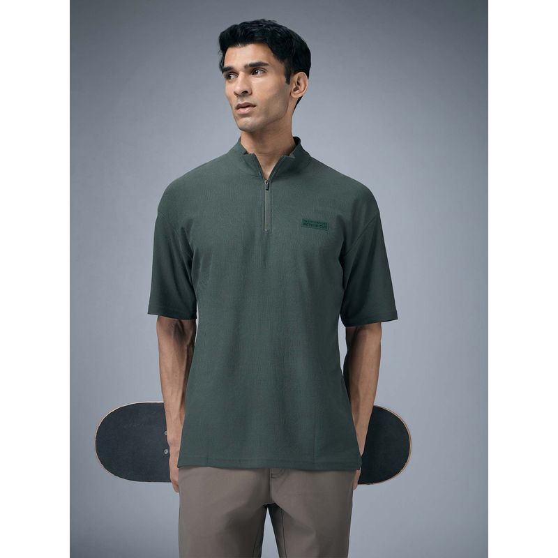 Technosport Men High Neck Self Design Oversized Active Out T-Shirt - Green (M)