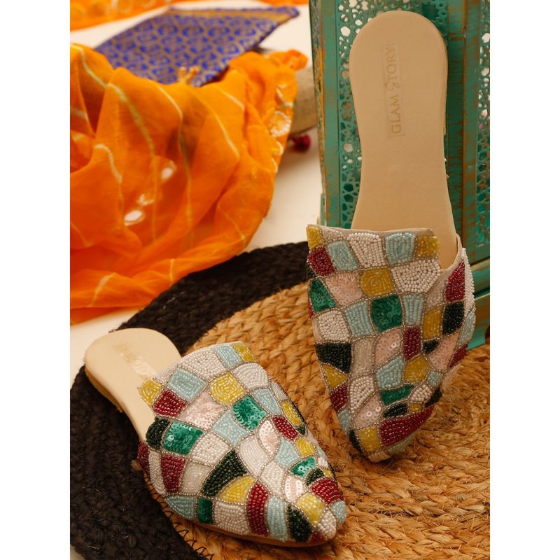 GLAM STORY Ethnic Embellished Mule For Women In Multicoloured (EURO 36)