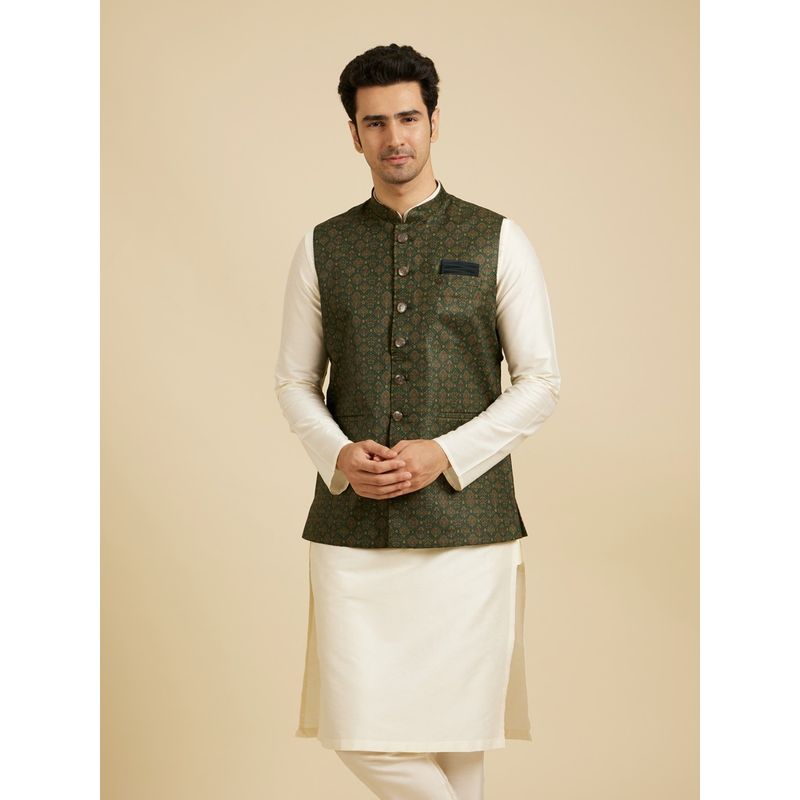 Manyavar Green Blended Viscose Printed Jackets for Men (S)