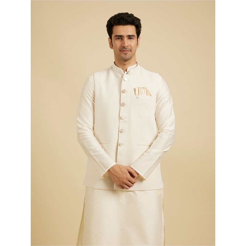 Manyavar Cream Blended Rayon Self-Textured Jackets for Men (M)