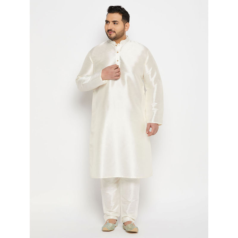 Vastramay Mens Off-White Silk Blend Kurta Pyjama (Set of 2) (2XL)