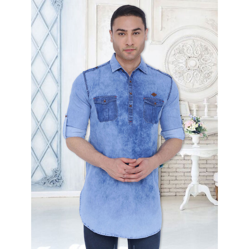 KUONS AVENUE Men's Tailored Fit Denim Short Pathani Kurta (M)
