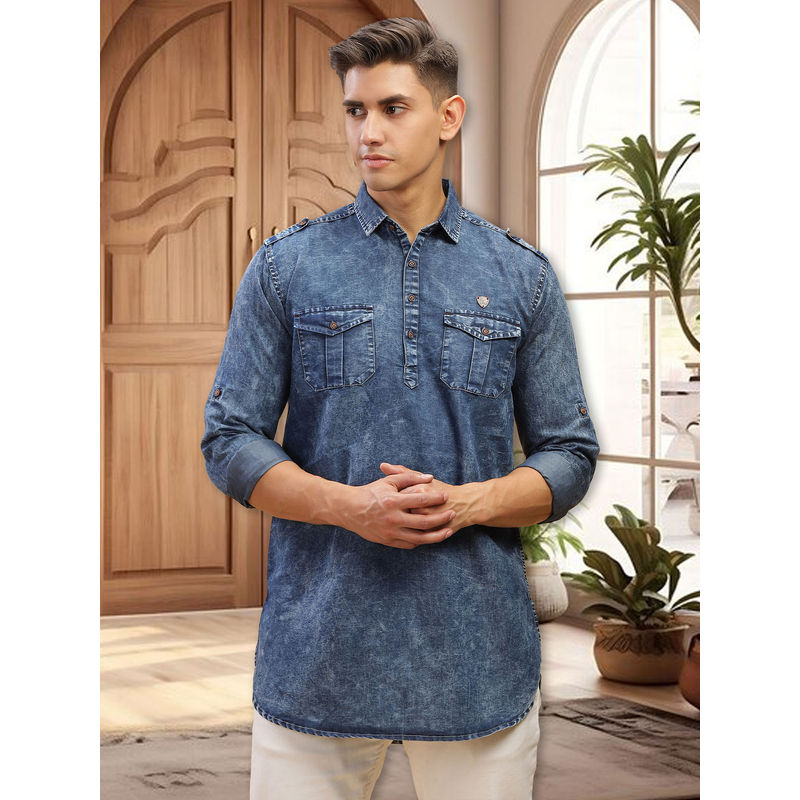KUONS AVENUE Men's Blue Cloud Tailored Fit Denim Short Pathani Kurta (M)