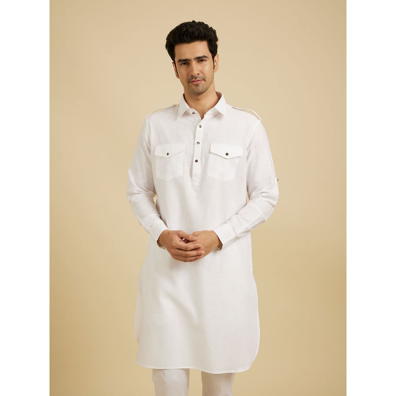 Manyavar White Cotton Solid Pathani Kurta for Men (L)