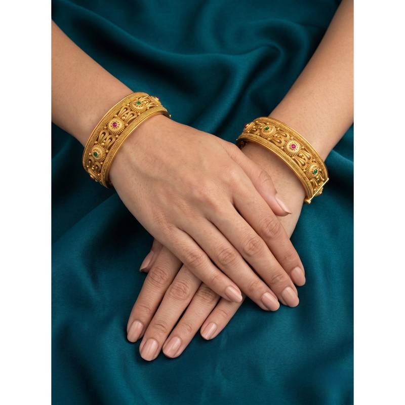 Adwitiya Womens Gold Plated Ornate Filigree Temple Kada Bangles (Pack of 2) (2.4)