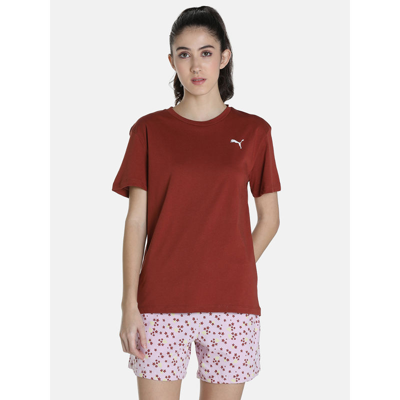 Puma Women Maroon T-Shirt with Shorts (Set of 2) (XS)