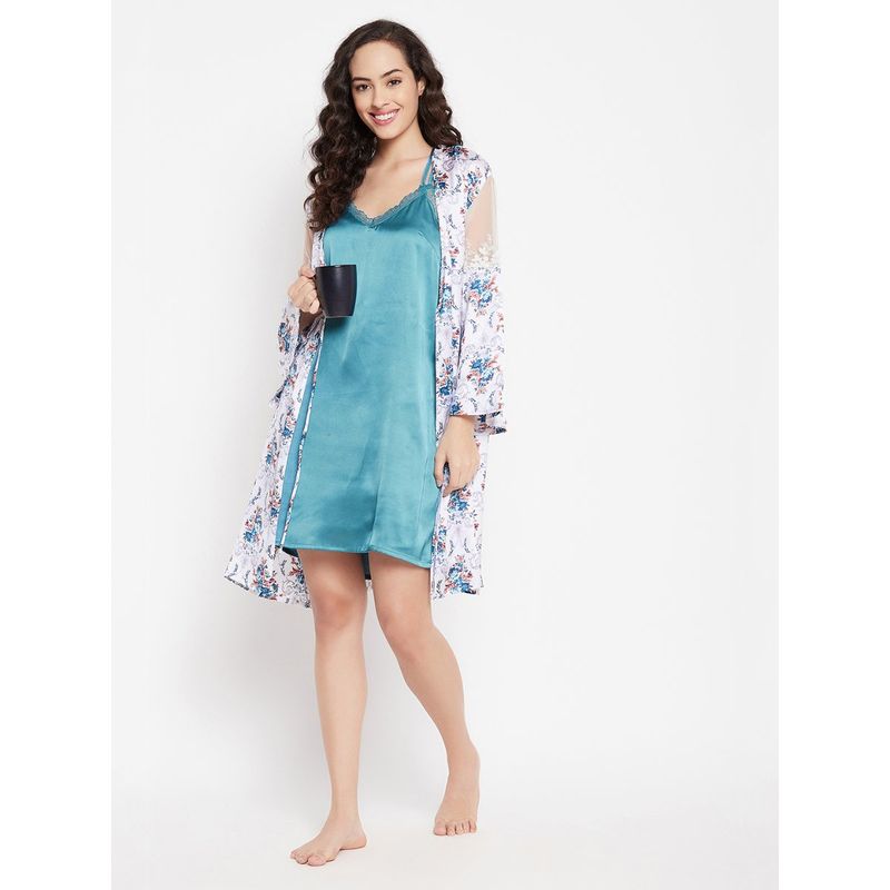 Clovia Satin Printed Short Night Dress & Robe (Set of 2) (S)