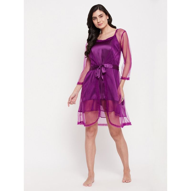 Clovia Satin Solid Short Night Dress & Robe (Set of 2) (M)
