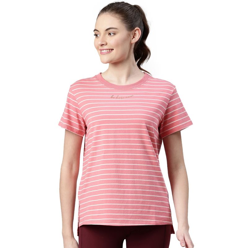 Enamor Womens Athleisure A3S1-Short Sleeve Crew Neck Antimicrobial Cotton Tshirt-Pink (L)