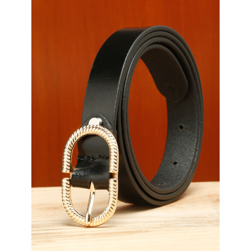 Teakwood Women Black Leather Belt with Oval Pleated Gold Buckle (28)