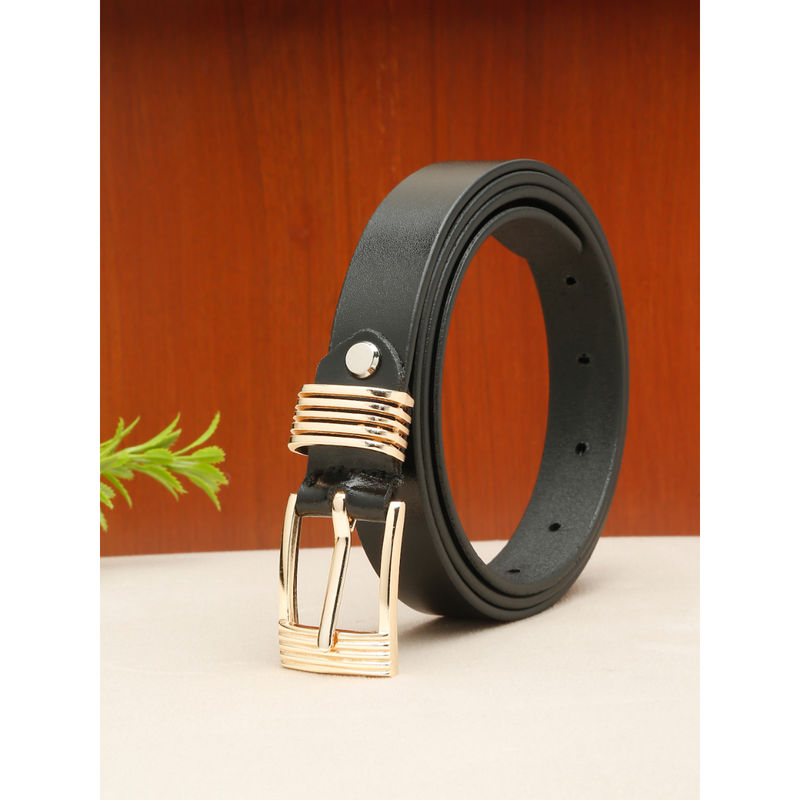Teakwood Women'S Black Leather Belt with Square Gold Buckle (28)