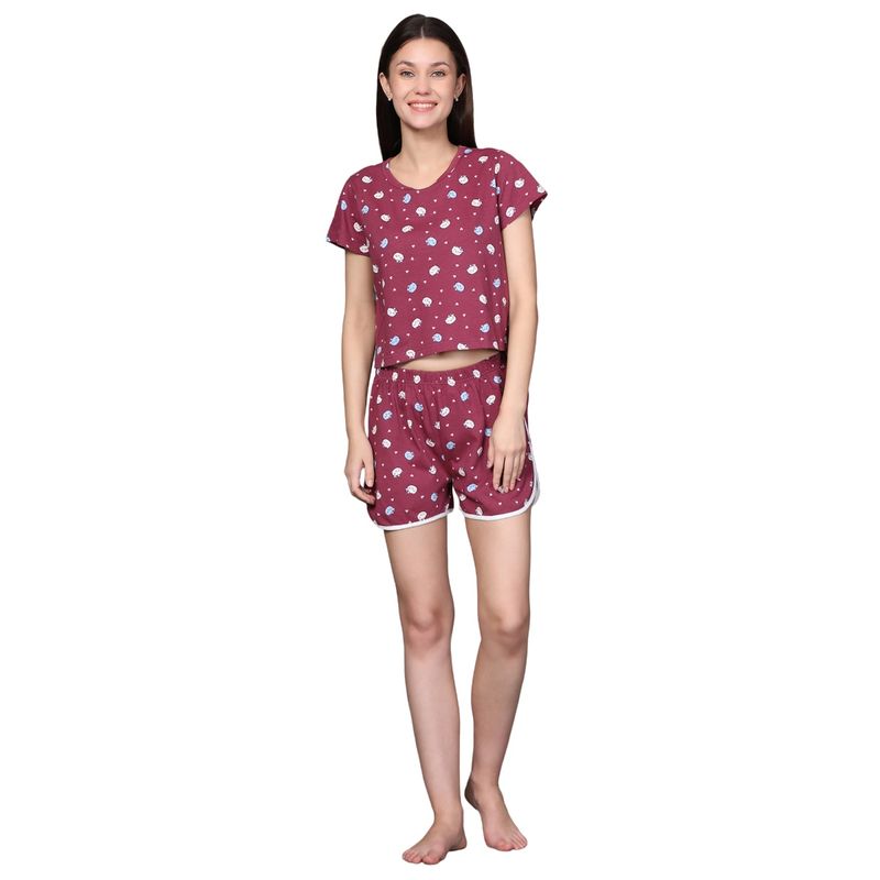 BSTORIES Night Suit Shorty Set For Women Maroon Cat Print Buy