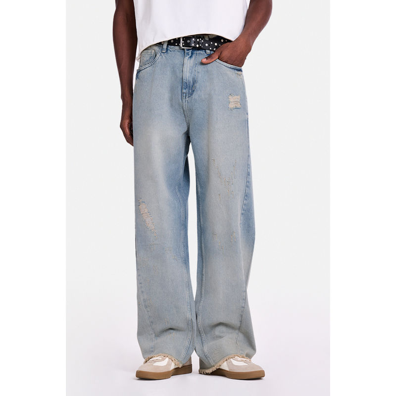 Snitch Light Blue Heavy Distressed Loose Casual Jeans for Men (30)