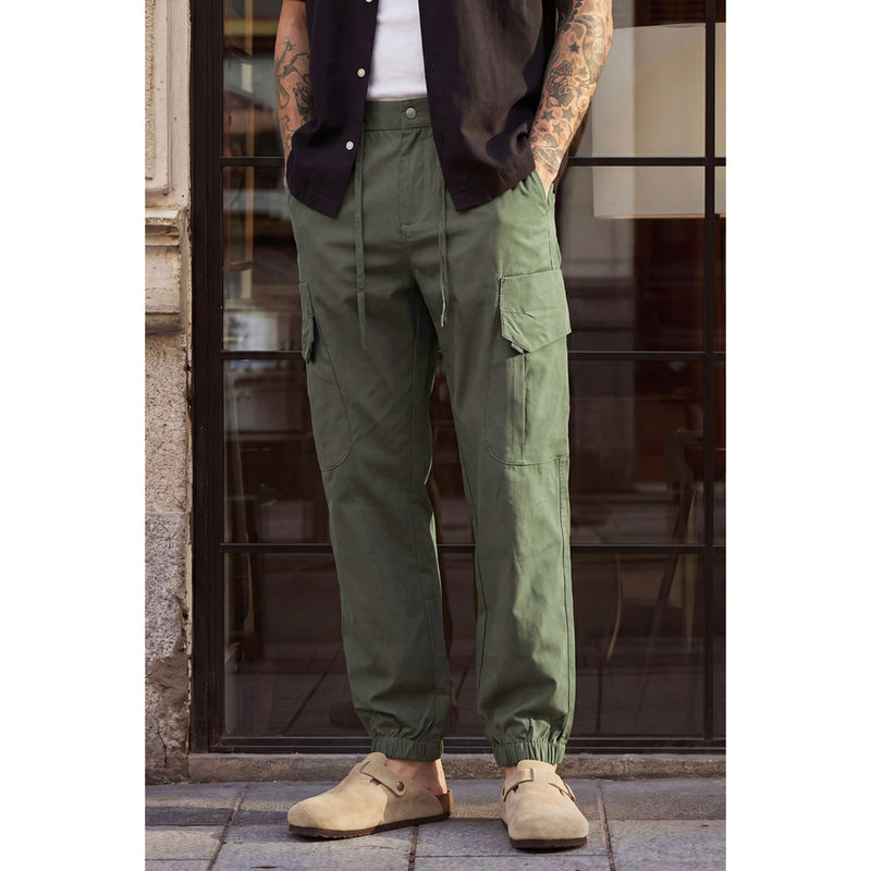 Snitch Olive Washed Relaxed Casual Joggers Pants for Men (30)