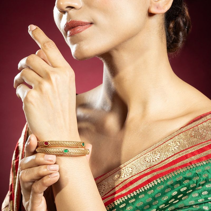 Niscka 24K Gold Plated Ruby and Emerald Bangle Kada 2.8 (Set of 2)