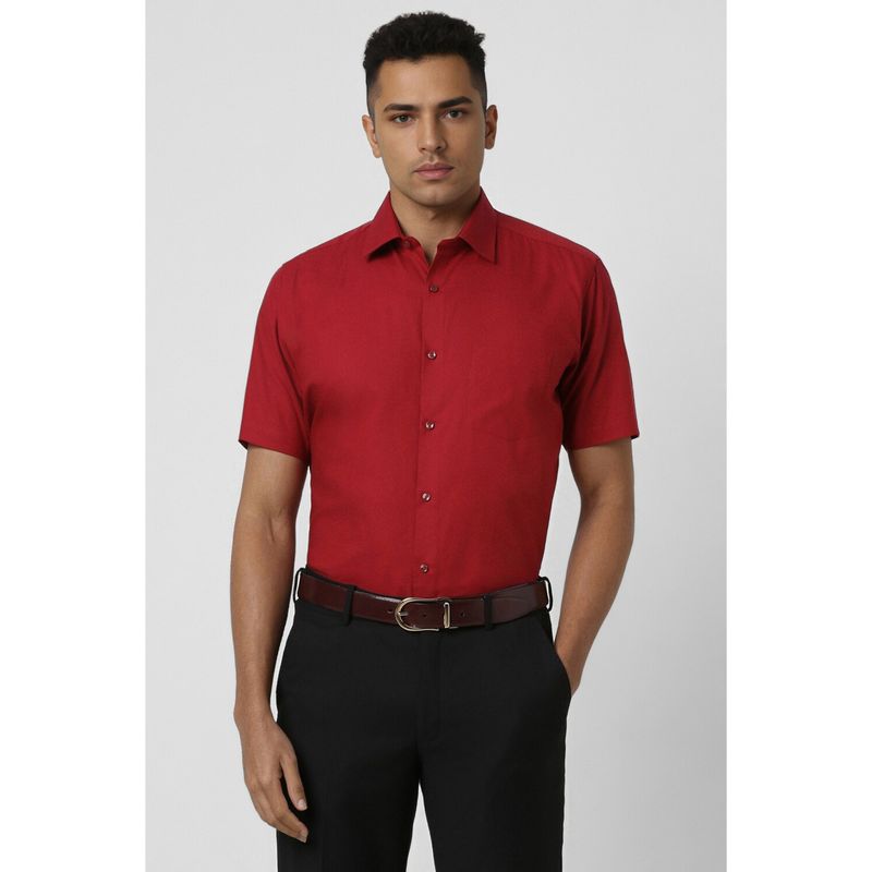 Van Heusen Men Red Regular Fit Solid Half Sleeves Wedding Shirt (39)