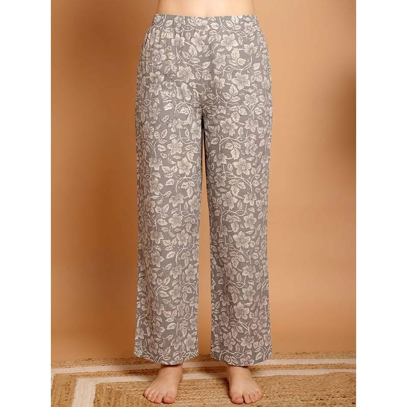 Indreams Grey Cotton Floral Printed Pyjama (L)