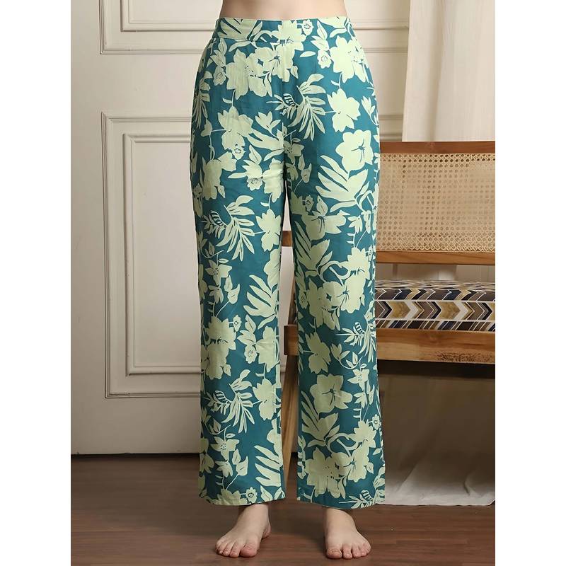 Indreams Teal Cotton Floral Printed Pyjama (3XL)