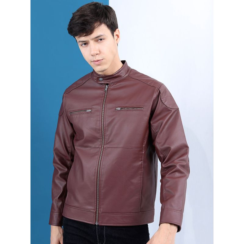 HIGHLANDER Men Burgundy Solid Leather Jacket (M)