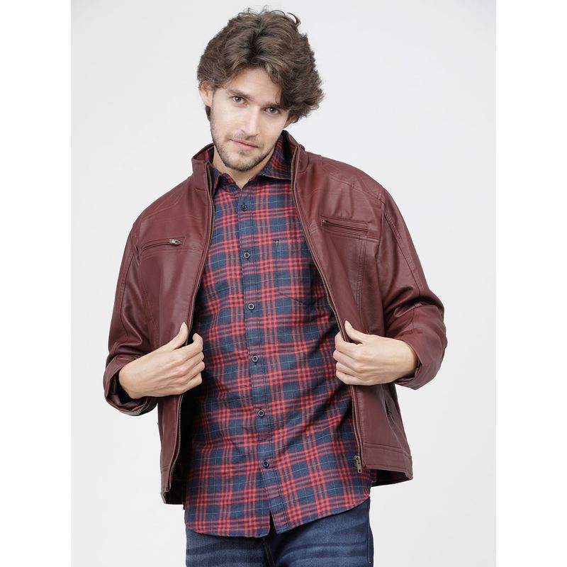 HIGHLANDER Men Burgundy Solid Leather Jacket (XL)