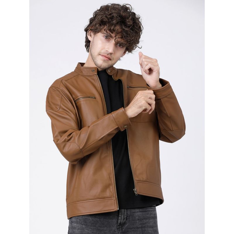 HIGHLANDER Men Brown Solid Leather Biker Jacket (M)